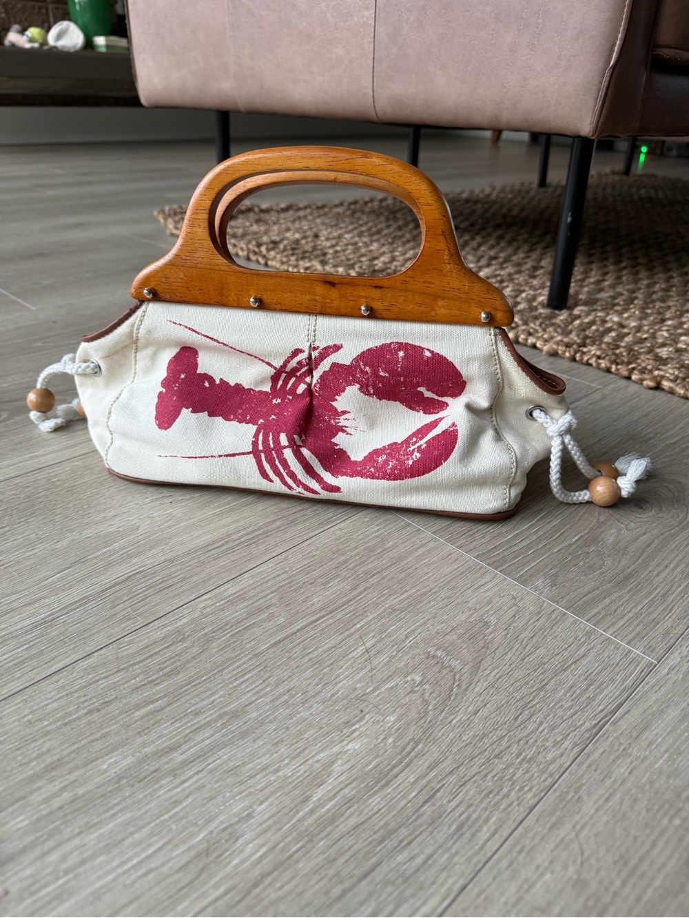 RARE 2007 j crew lobster purse wood handles cotton canvas coastal maine ocean